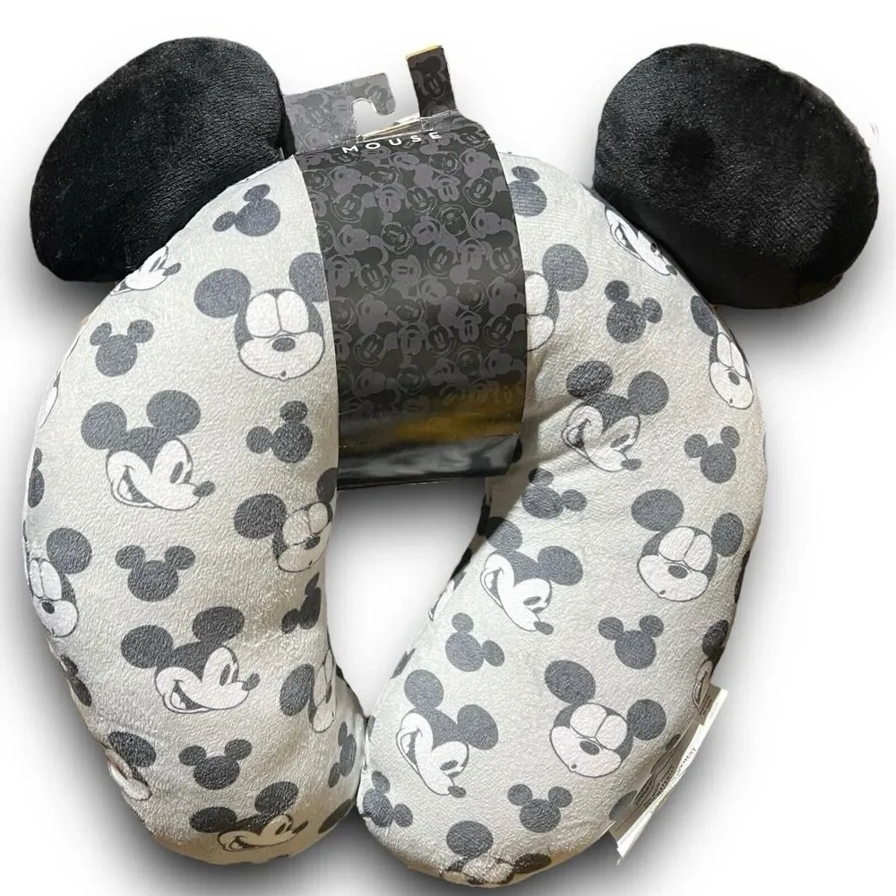 Disney Parks Mickey‎ Mouse Grey Travel Neck Pillow Adult Ears Vacation All Over